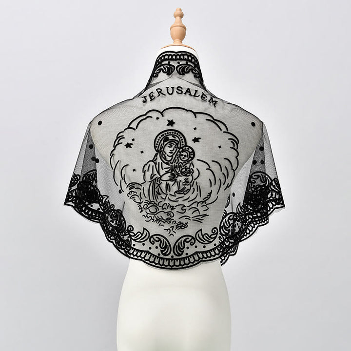 Christianartworkshop Voile de chapelle en dentelle noire et blanche orné de broderies de la Vierge Marie et de Jérusalem - image 1