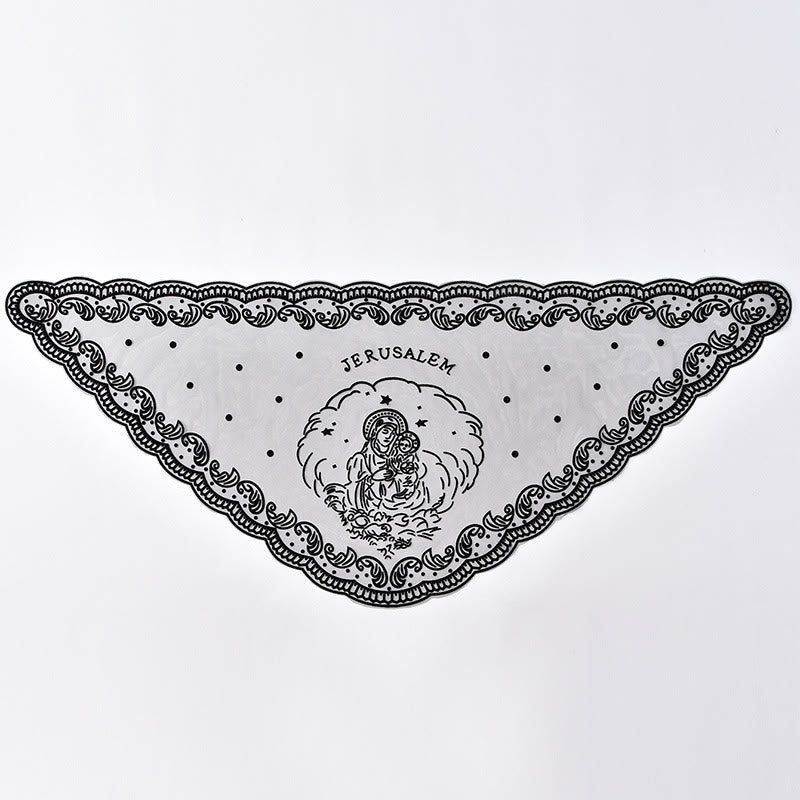 Christianartworkshop Voile de chapelle en dentelle noire et blanche orné de broderies de la Vierge Marie et de Jérusalem - image 3