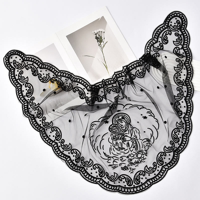 Christianartworkshop Voile de chapelle en dentelle noire et blanche orné de broderies de la Vierge Marie et de Jérusalem - Noir - image 0