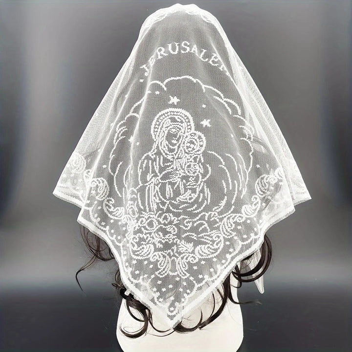 Christianartworkshop Voile noir et blanc de la chapelle de Jérusalem de la Grâce Sacrée, orné de la Vierge et de l'Enfant. - Blanc - image 6