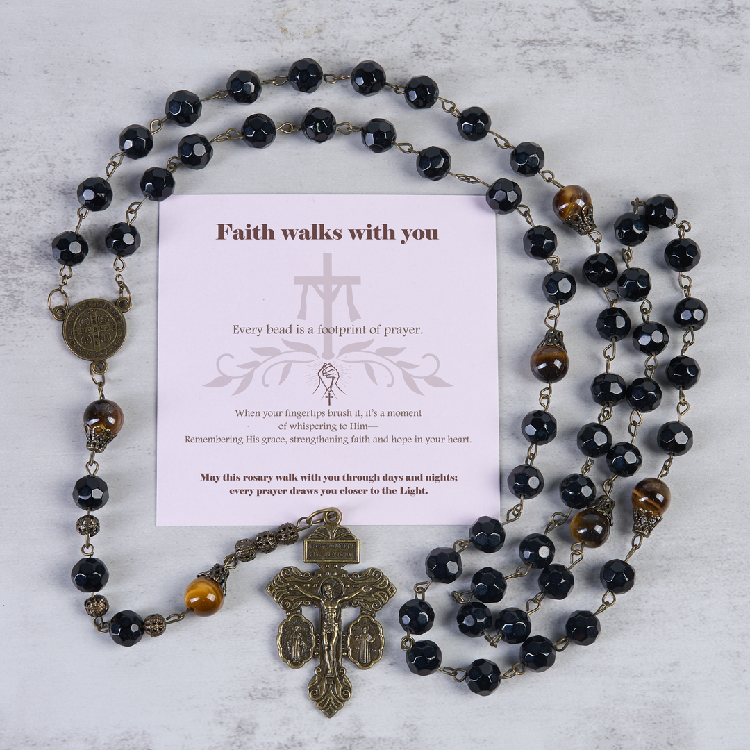 Christianartworkshop Chapelet vintage en perles d'œil de tigre d'obsidienne avec crucifix du pardon et saint Benoît « La foi vous accompagne ». - La foi marche avec toi - image 0