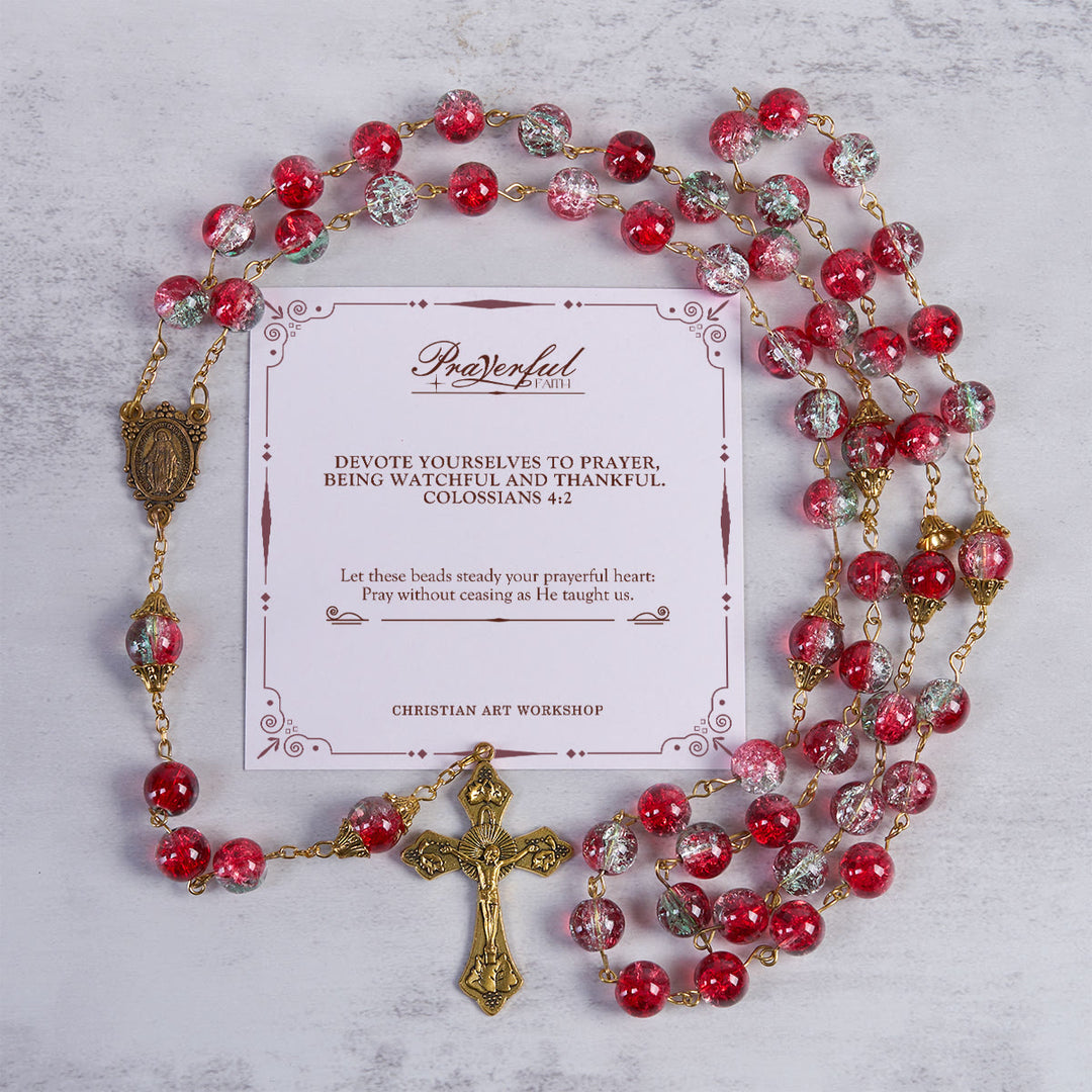 Christianartworkshop FOI PRIÉE : Chapelet de Noël à perles rouges avec crucifix doré et médaille de la Vierge - FOI PRIÉE - image 0