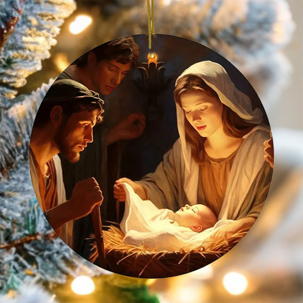Christianartworkshop 3 Ornements de Noël réalistes de style peinture à l'huile représentant la bénédiction de la Nativité - Style 1 - Céramique - image 0