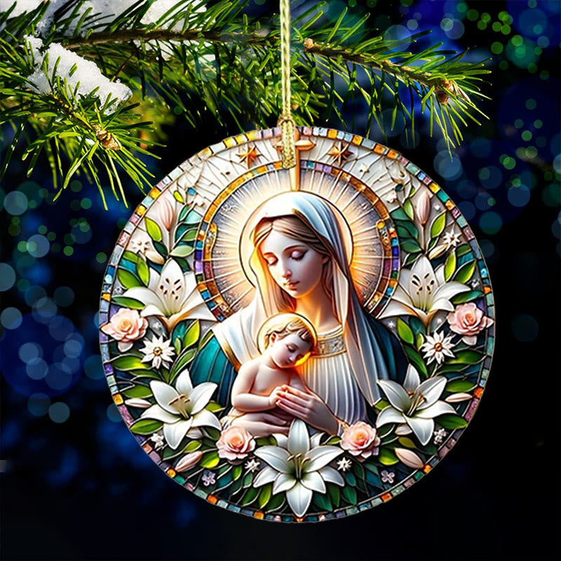 Christianartworkshop Décorations de Noël à suspendre : Couronne florale en forme d'étoile représentant la Vierge Marie, style réaliste - Céramique - image 0