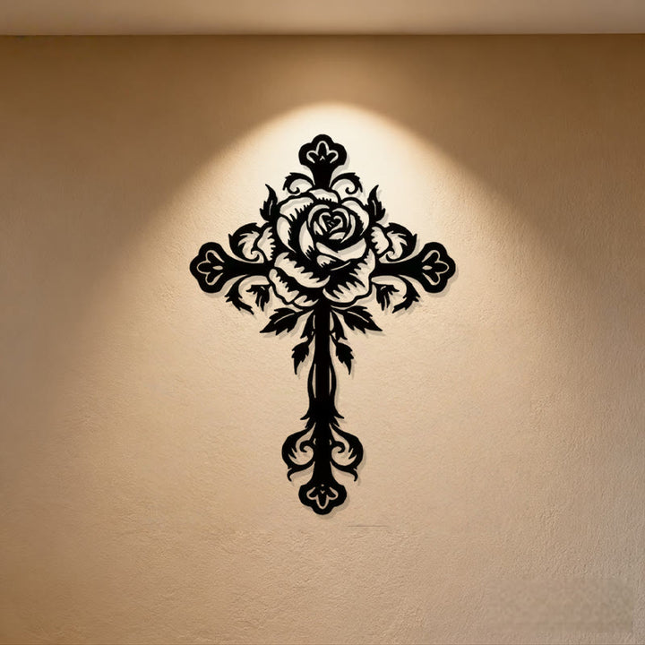 Christianartworkshop Décoration murale artistique florale en forme de croix rose en métal noir - Noir - 8,30''*11,81''/21*30cm - image 0