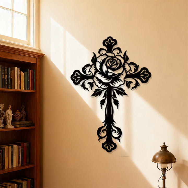 Christianartworkshop Décoration murale artistique florale en forme de croix rose en métal noir - Noir - 11,02"*15,74"/28*40 cm - image 2