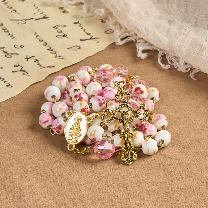 Christianartworkshop Chapelet miraculeux avec médaille et crucifix ronds de 8 mm en alliage de céramique rose à motif floral - Rosaire de la Rose de Grâce - image 0