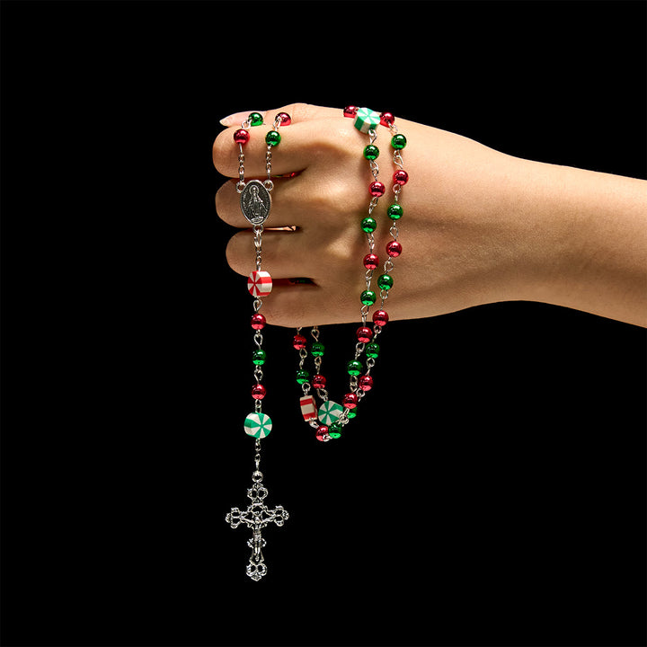 Christianartworkshop Chapelet de Noël festif : perles rouges et vertes, formes de bonbons et crucifix - image 1