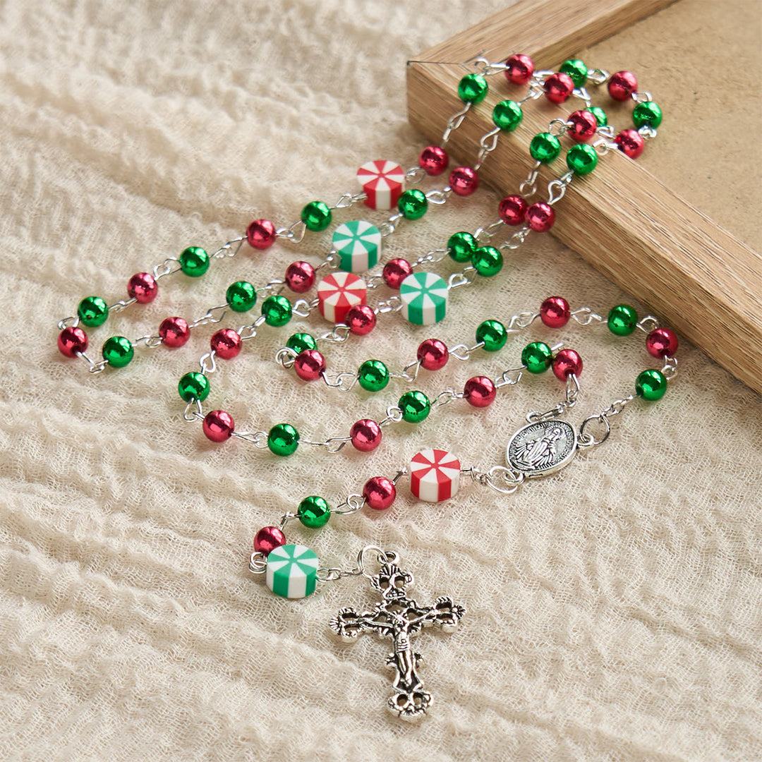Christianartworkshop Chapelet de Noël festif : perles rouges et vertes, formes de bonbons et crucifix - image 4