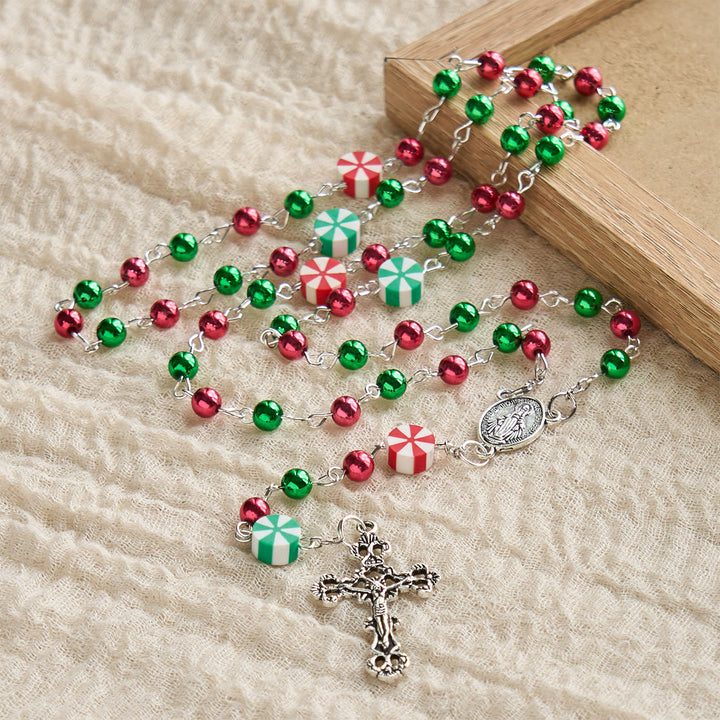 Christianartworkshop Chapelet de Noël festif : perles rouges et vertes, formes de bonbons et crucifix - image 4