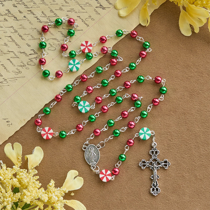 Christianartworkshop Chapelet de Noël festif : perles rouges et vertes, formes de bonbons et crucifix - image 7