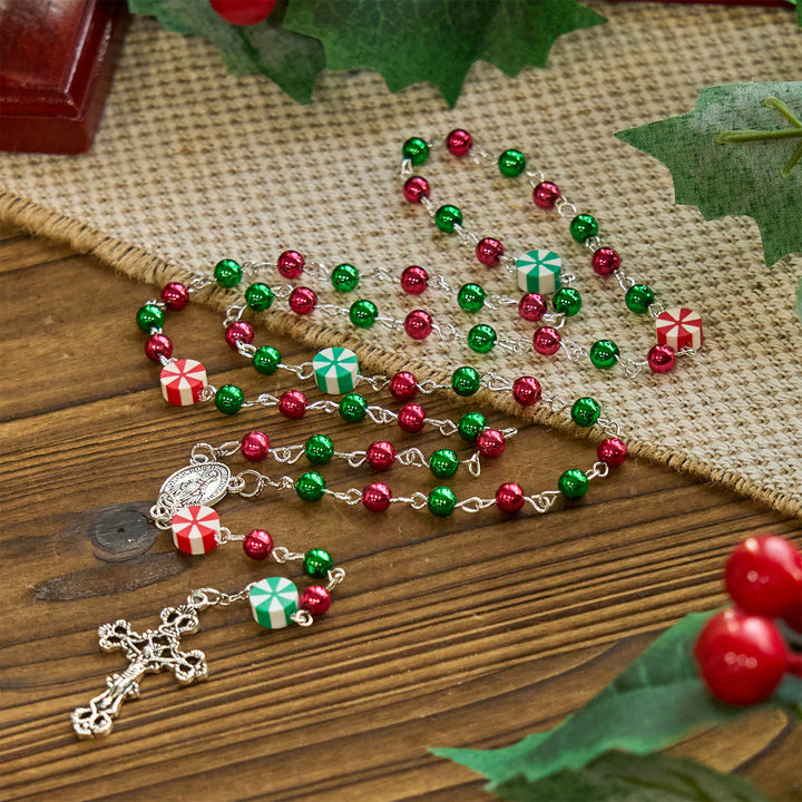 Christianartworkshop Chapelet de Noël festif : perles rouges et vertes, formes de bonbons et crucifix - image 6