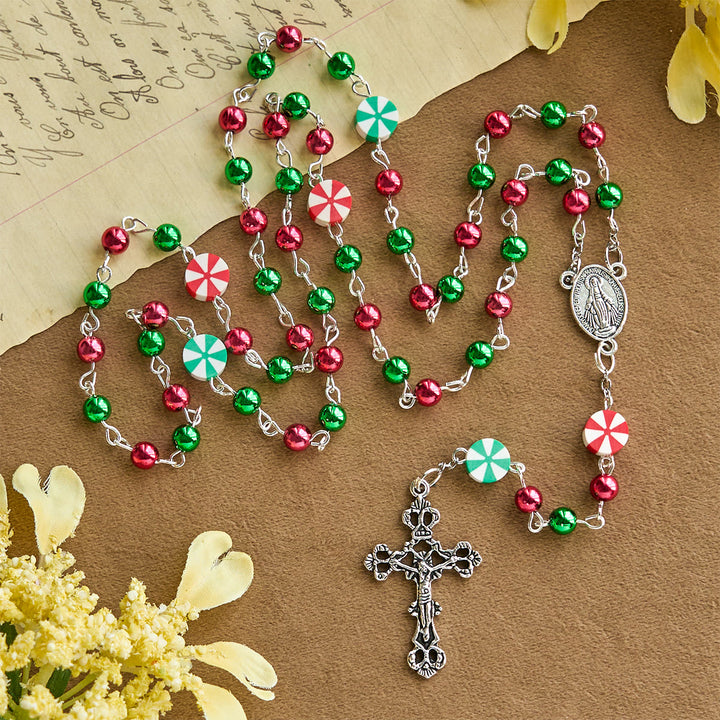 Christianartworkshop Chapelet de Noël festif : perles rouges et vertes, formes de bonbons et crucifix - image 3