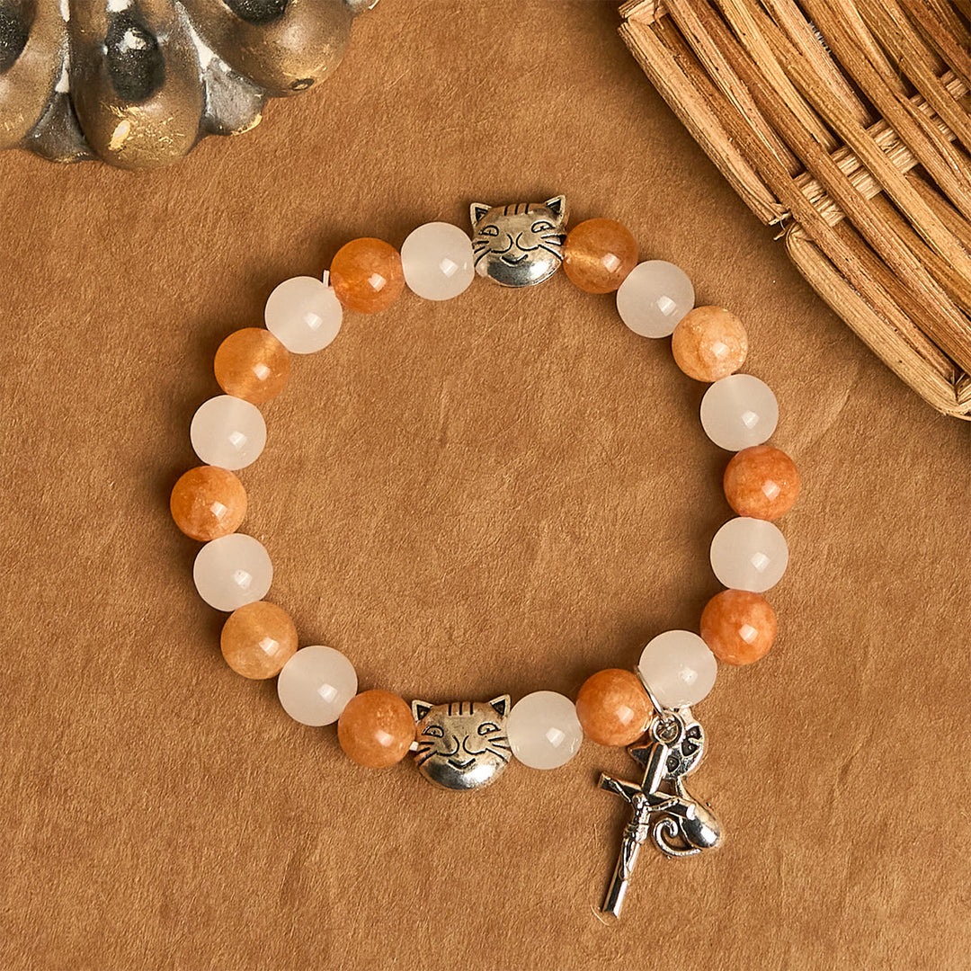 Christianartworkshop Bracelet en quartz orange et blanc avec breloques en acier inoxydable représentant un chat tigré orange, chapelet animalier - image 12