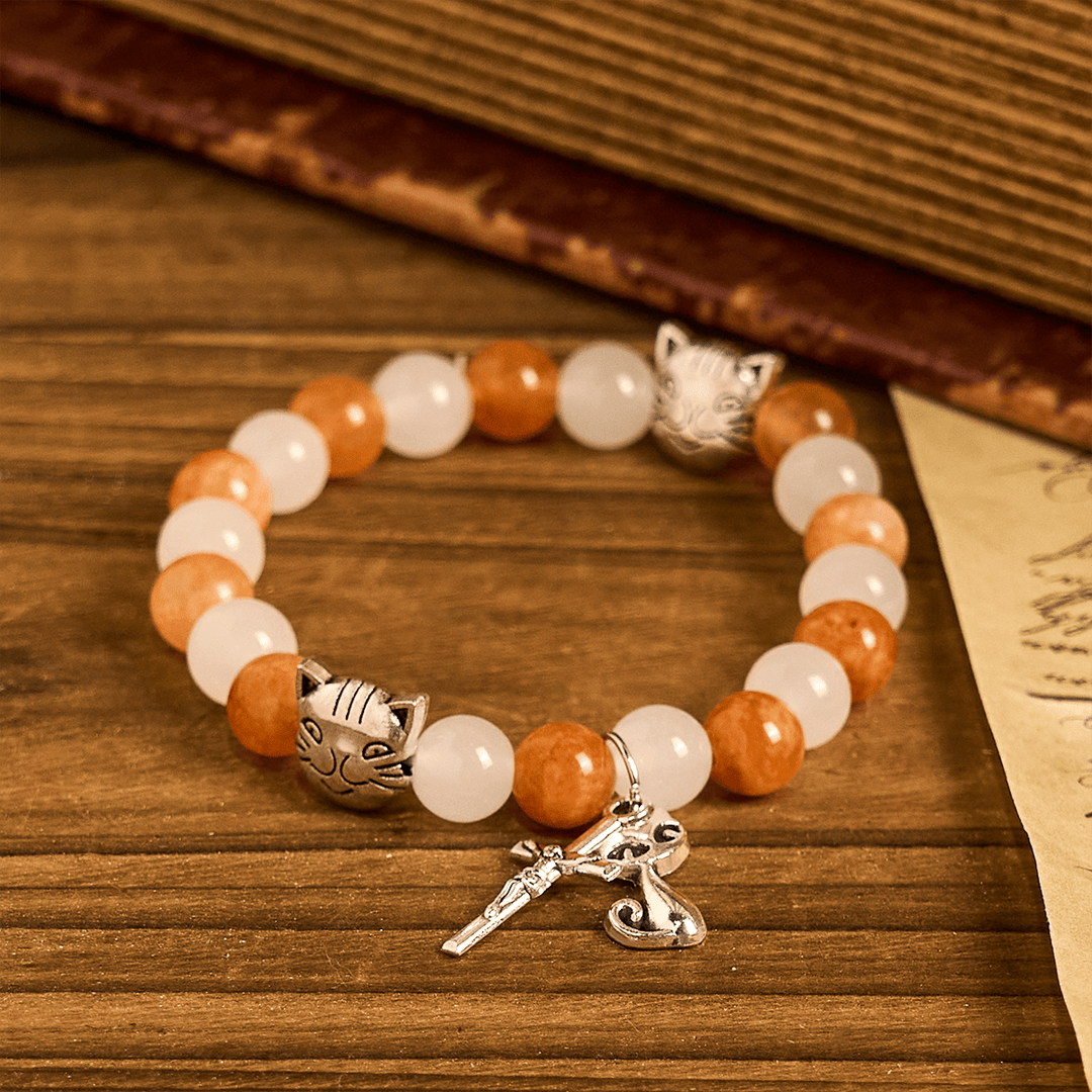 Christianartworkshop Bracelet en quartz orange et blanc avec breloques en acier inoxydable représentant un chat tigré orange - image 3