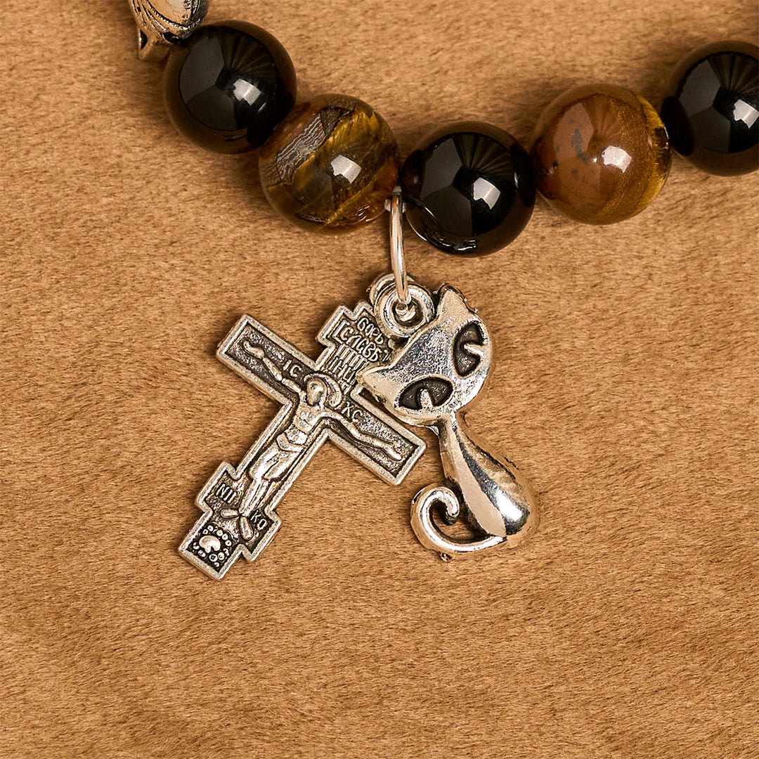 Christianartworkshop Bracelet de prière avec un chat tigré fidèle et des perles marron et noires, chapelet animal - image 15