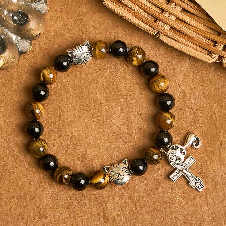 Christianartworkshop Bracelet de prière avec un chat tigré fidèle et des perles marron et noires, chapelet animal - image 13