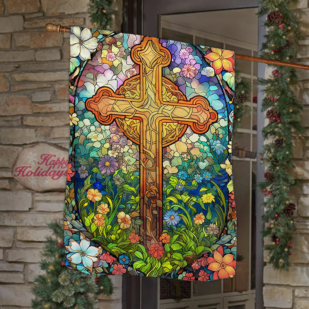 Christianartworkshop Drapeau de jardin avec croix teintée entourée de motifs floraux : Décoration religieuse pour le jardin - 90×150cm (3×5 pi) - image 0