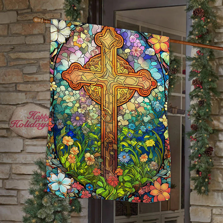 Christianartworkshop Drapeau de jardin avec croix teintée entourée de motifs floraux : Décoration religieuse pour le jardin - 90×150cm (3×5 pi) - image 0