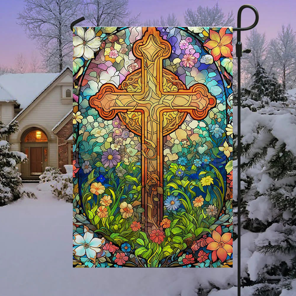 Christianartworkshop Drapeau de jardin avec croix teintée entourée de motifs floraux : Décoration religieuse pour le jardin - image 2