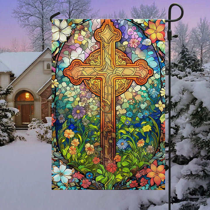 Christianartworkshop Drapeau de jardin avec croix teintée entourée de motifs floraux : Décoration religieuse pour le jardin - image 2