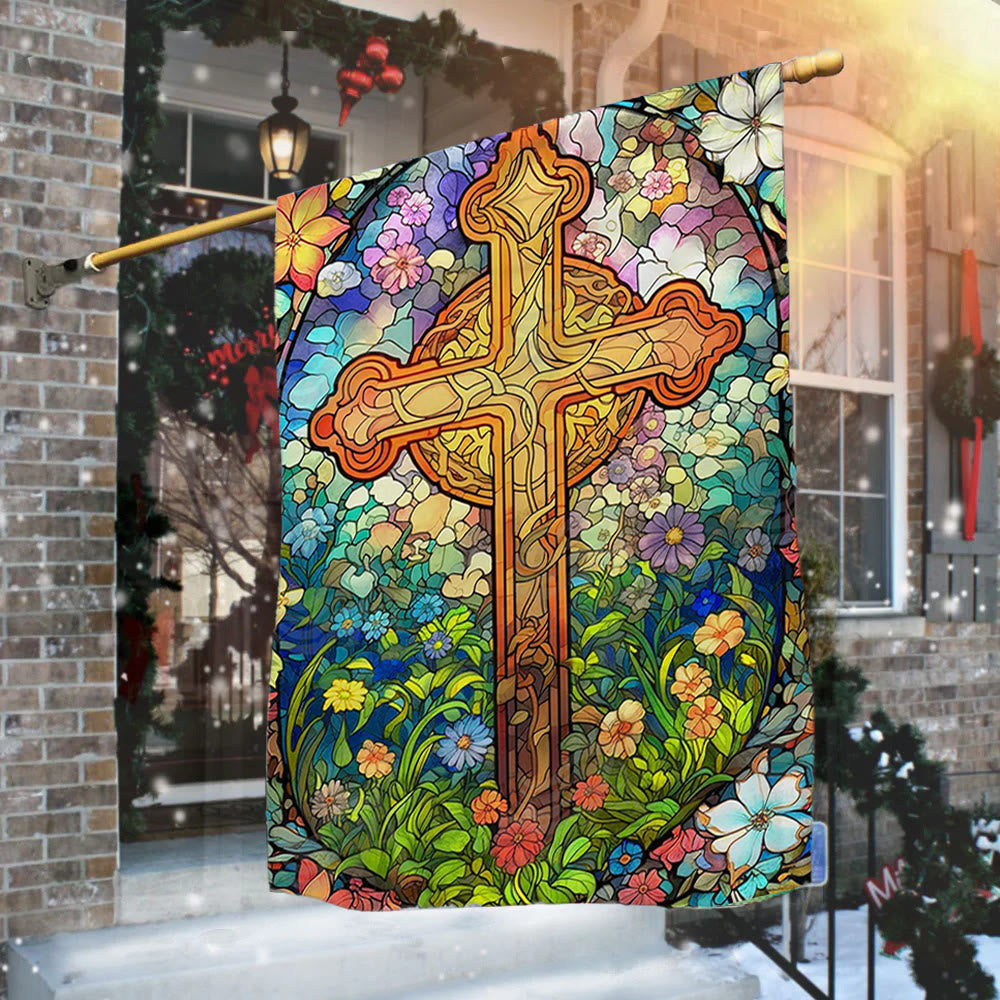 Christianartworkshop Drapeau de jardin avec croix teintée entourée de motifs floraux : Décoration religieuse pour le jardin - image 1