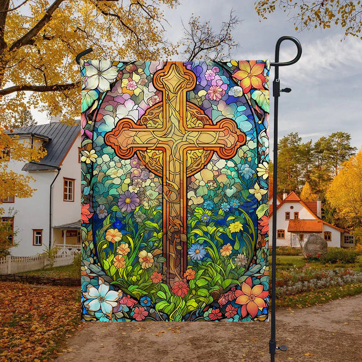 Christianartworkshop Drapeau de jardin avec croix teintée entourée de motifs floraux : Décoration religieuse pour le jardin - image 4