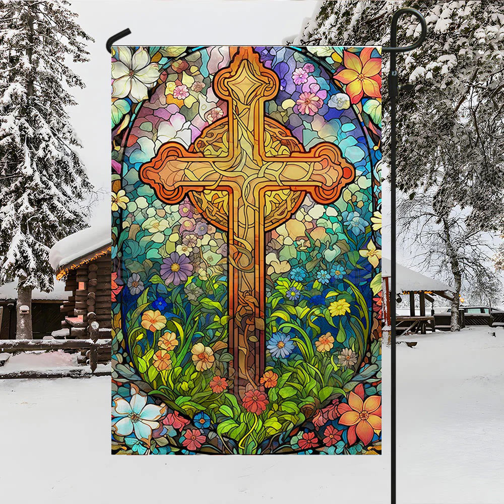 Christianartworkshop Drapeau de jardin avec croix teintée entourée de motifs floraux : Décoration religieuse pour le jardin - image 3