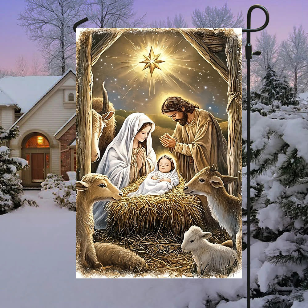 Christianartworkshop Drapeau de jardin de la Nativité : Sainte Famille, animaux et étoile de Bethléem - image 2