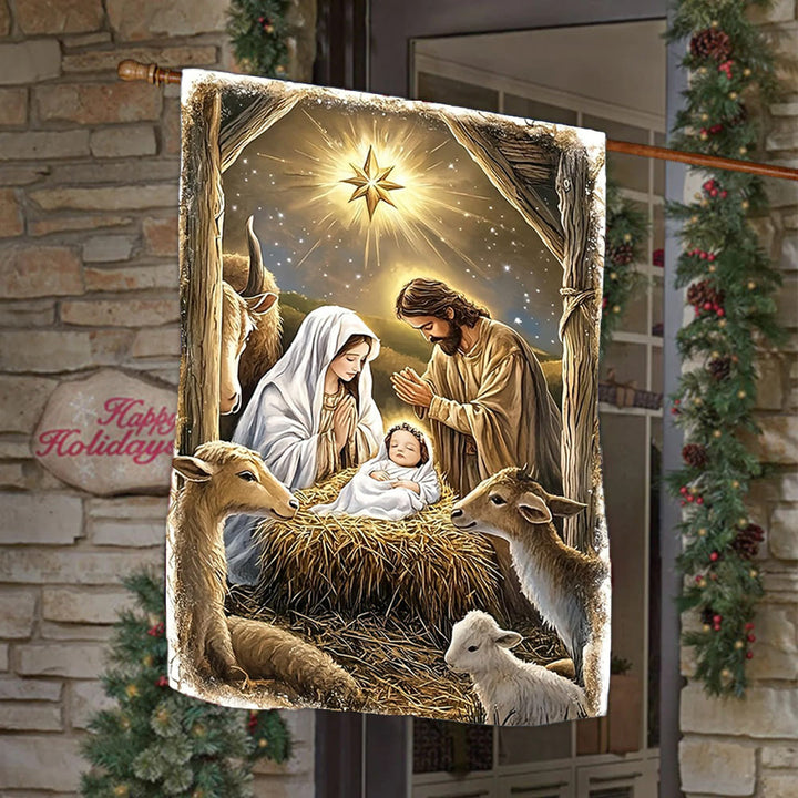 Christianartworkshop Drapeau de jardin de la Nativité : Sainte Famille, animaux et étoile de Bethléem - 90×150cm (3×5 pi) - image 0