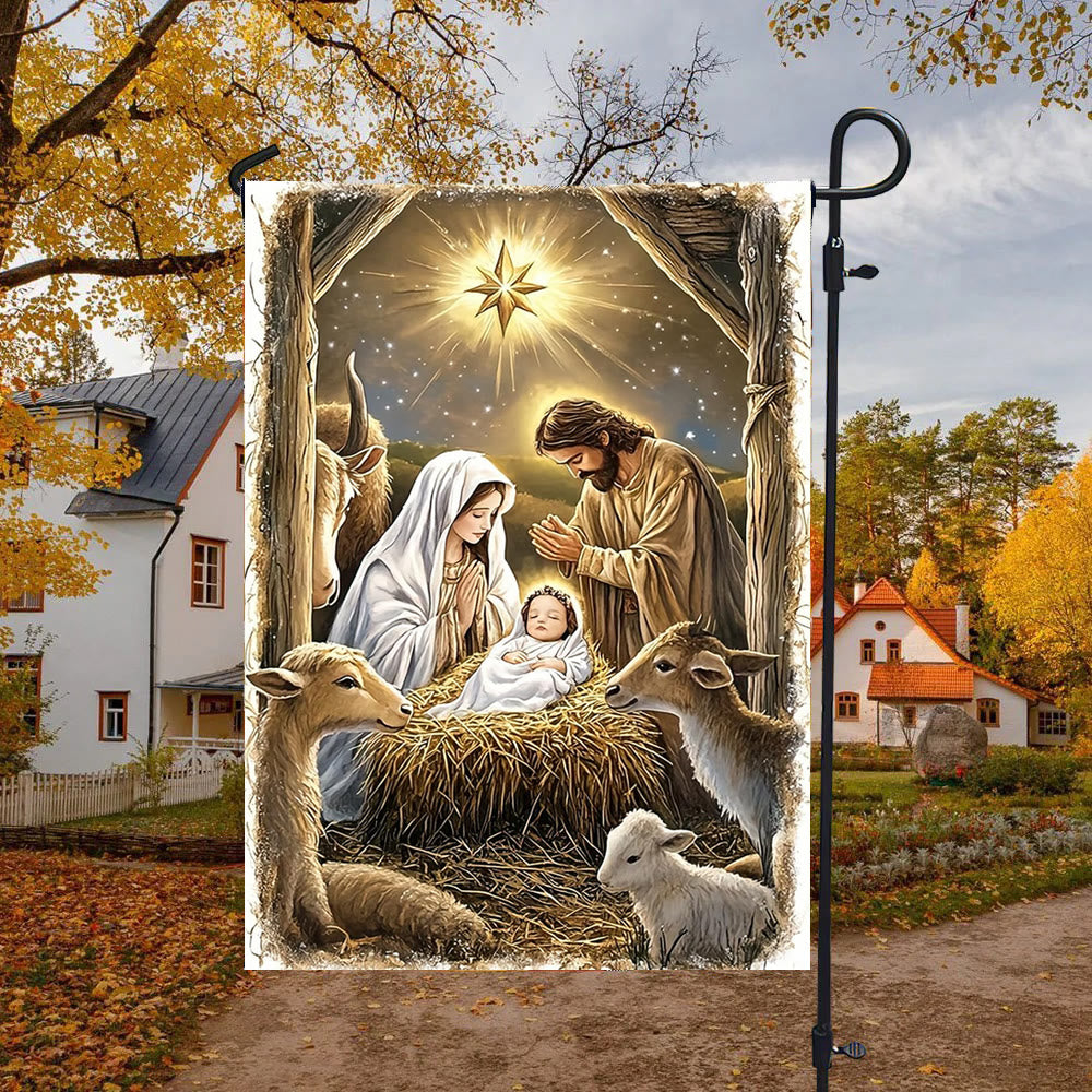 Christianartworkshop Drapeau de jardin de la Nativité : Sainte Famille, animaux et étoile de Bethléem - image 4