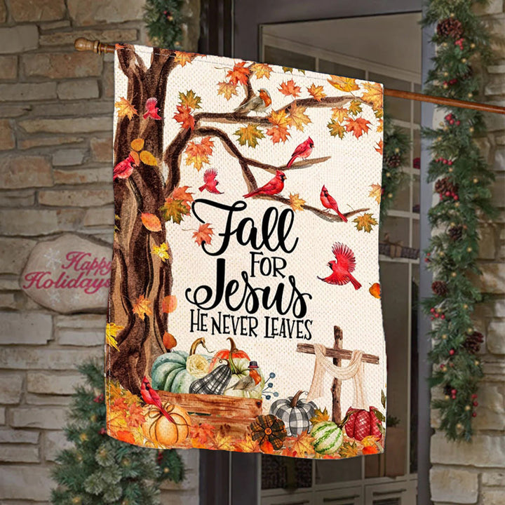 Christianartworkshop Drapeau de jardin d'automne « Fall for Jesus » avec cardinaux rouges et citrouilles - Style A - 90×150cm (3×5 pi) - image 0
