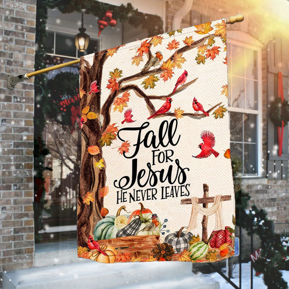 Christianartworkshop Drapeau de jardin d'automne « Fall for Jesus » avec cardinaux rouges et citrouilles - image 1