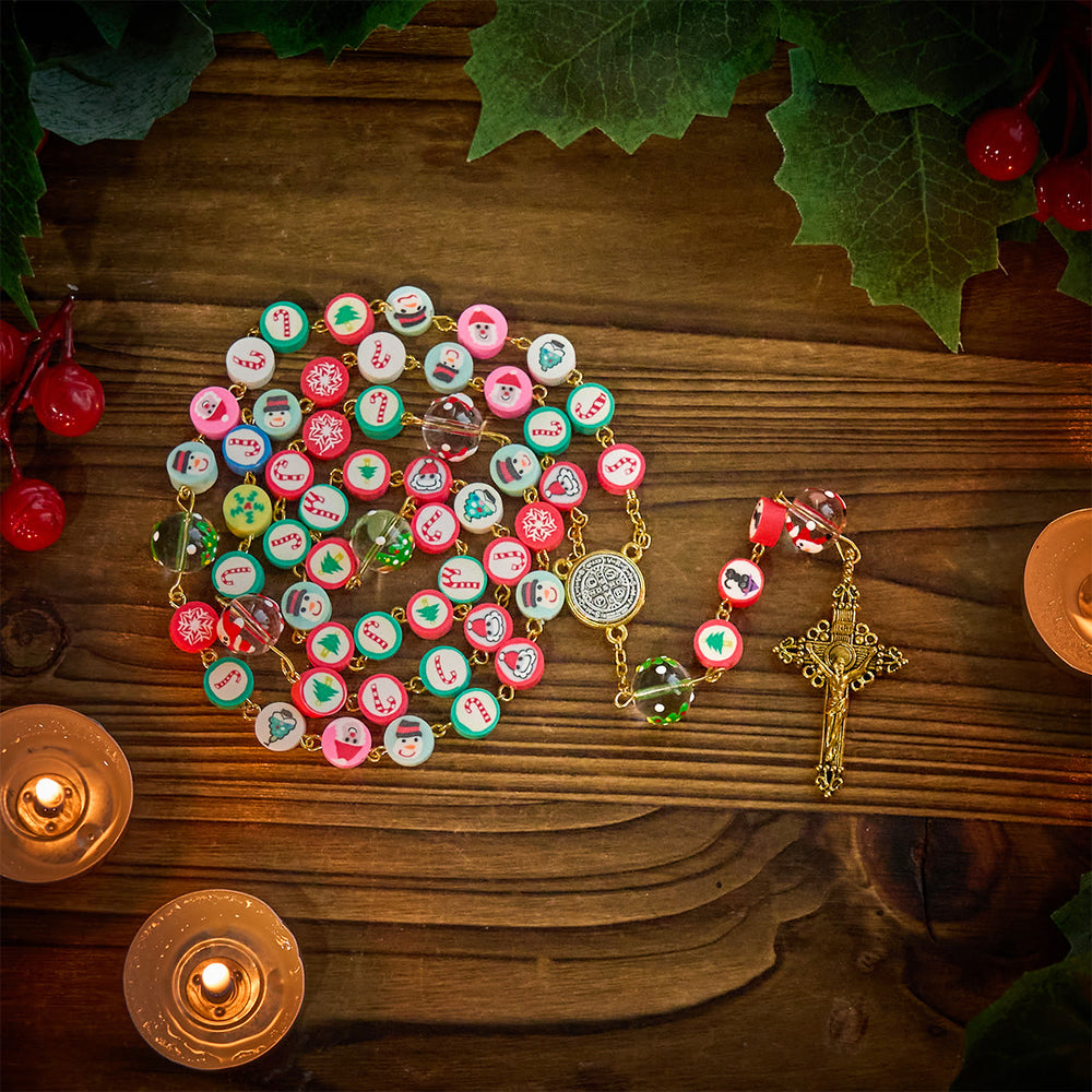 Christianartworkshop Chapelet de Noël fantaisiste : perles multicolores ornées de motifs de bonhomme de neige et de sapin - image 1