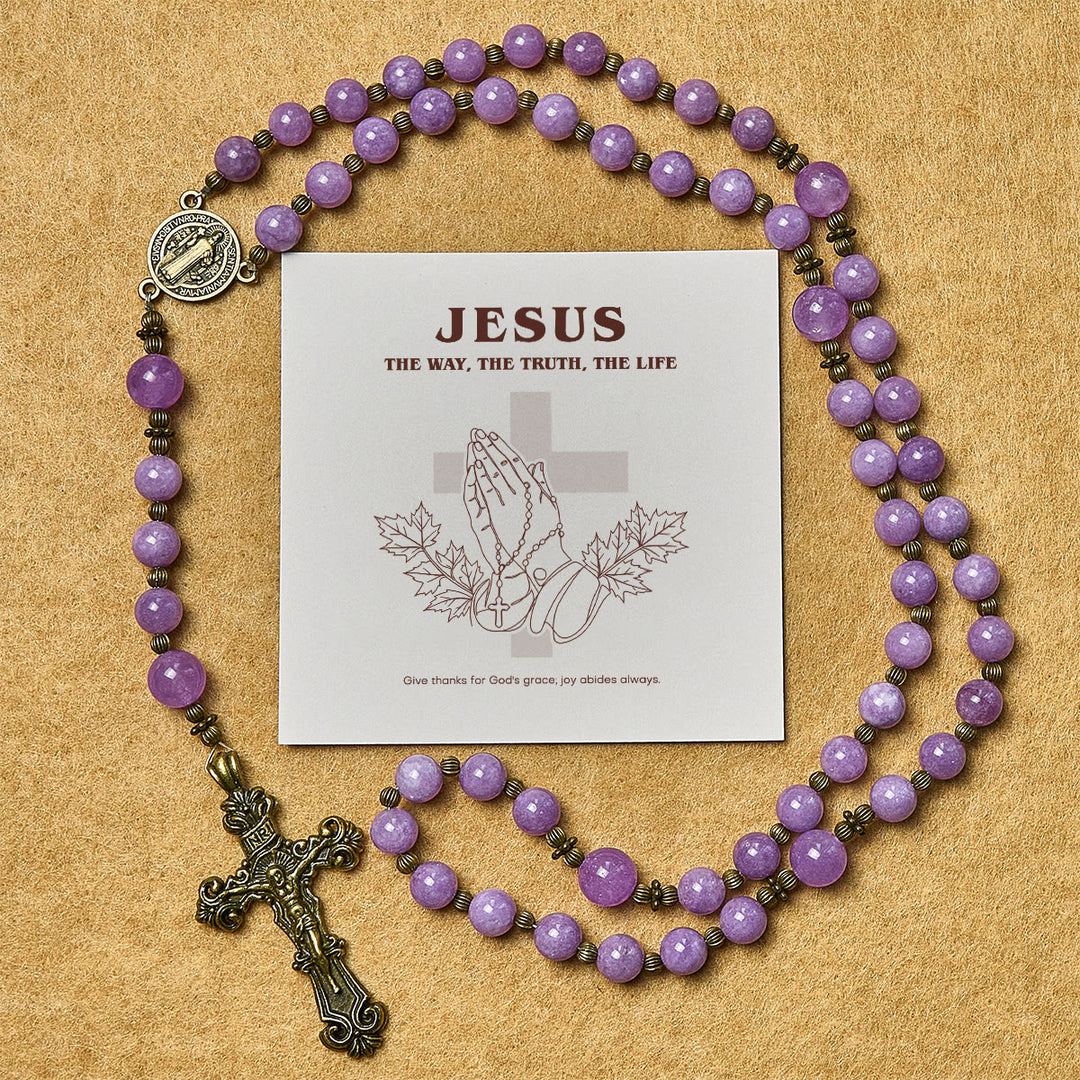 Christianartworkshop Cadeau de Thanksgiving : Chapelet en calcédoine grenat violet avec crucifix et saint Benoît : Un lien spirituel empreint de grâce - Chapelet avec carte cadeau - image 0