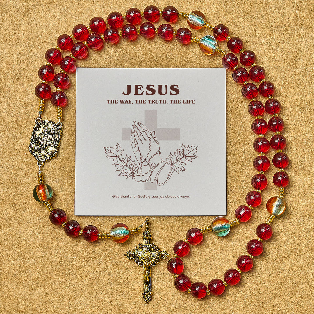 Christianartworkshop Cadeau de Thanksgiving : Chapelet Notre-Dame de Fatima avec perles rouge vin et arc-en-ciel scintillantes. - Chapelet avec carte cadeau - image 0