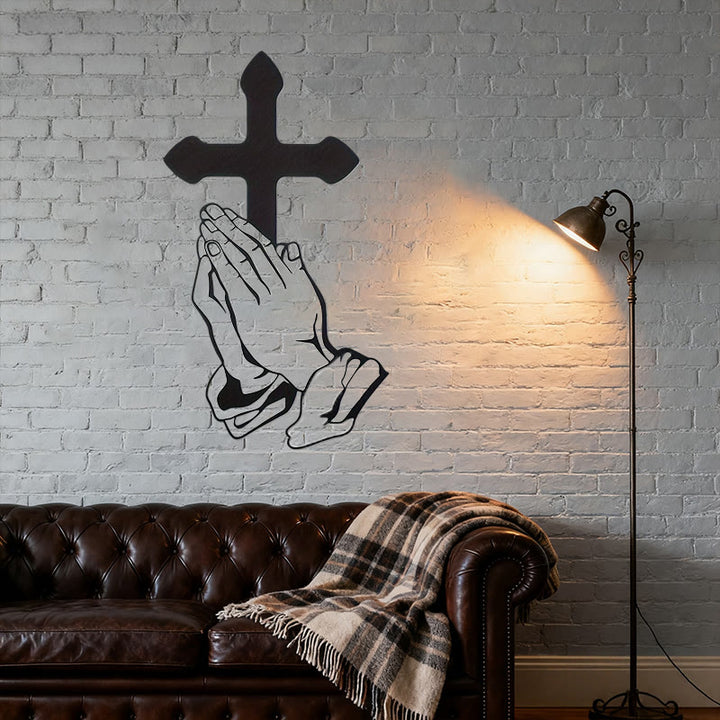 Christianartworkshop Décoration murale classique en métal noir représentant des mains jointes en prière et une croix - image 3
