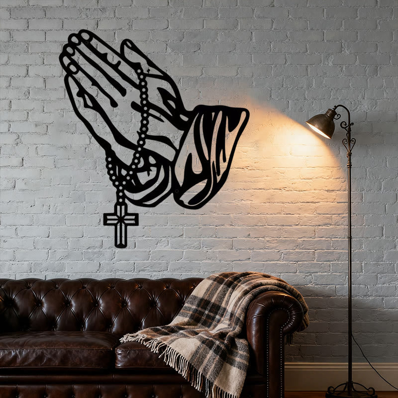 Christianartworkshop Décoration murale classique en métal noir représentant des mains en prière avec une croix de chapelet - image 4