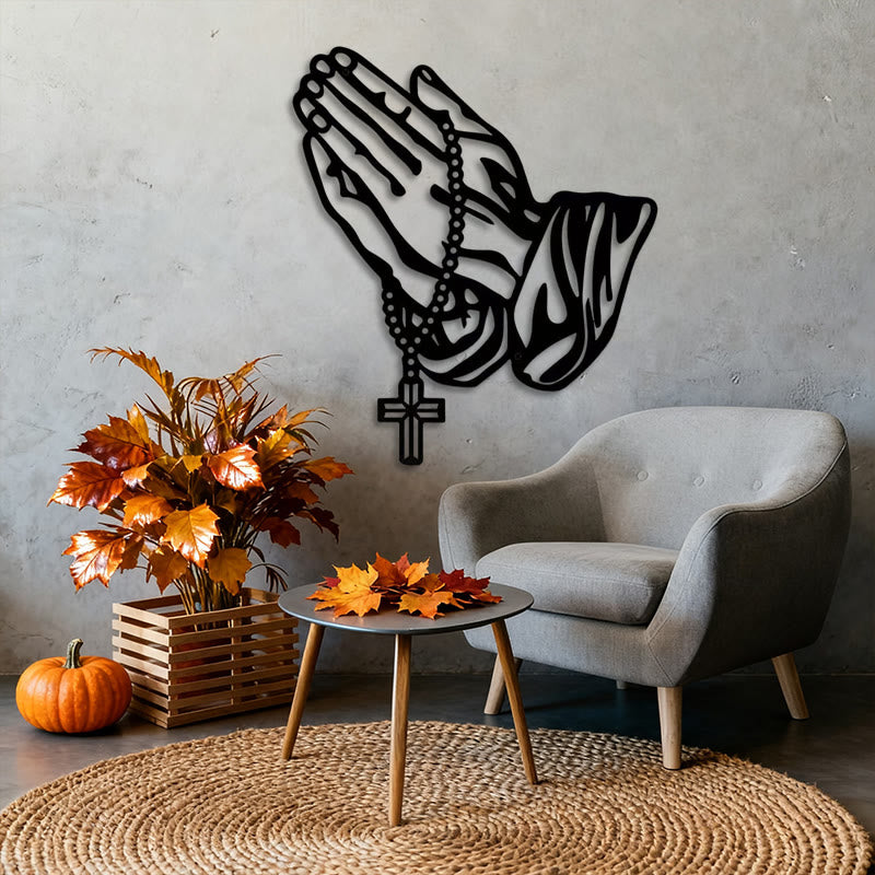 Christianartworkshop Décoration murale classique en métal noir représentant des mains en prière avec une croix de chapelet - image 3