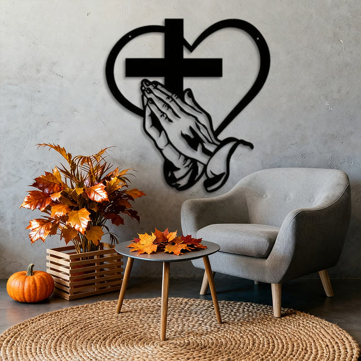 Christianartworkshop Décoration murale moderne et spirituelle en métal noir représentant des mains en prière, un cœur et une croix. - image 3