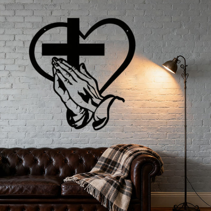 Christianartworkshop Décoration murale moderne et spirituelle en métal noir représentant des mains en prière, un cœur et une croix. - image 4