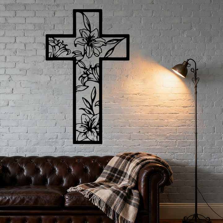 Christianartworkshop Décoration murale classique en métal noir avec croix florale de lys - image 4