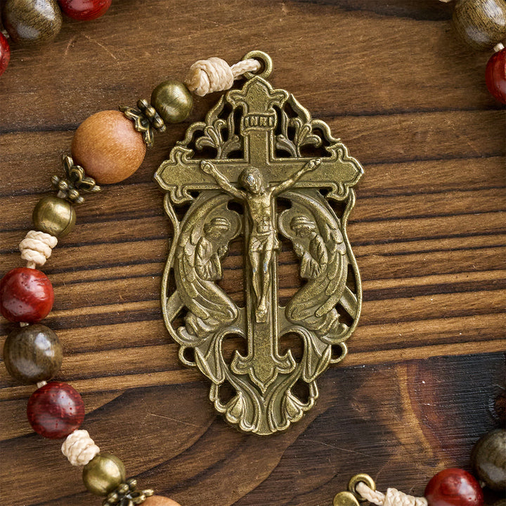 Christianartworkshop Chapelet traditionnel en bois, style Noël : perles aux tons naturels et crucifix en bronze - image 9