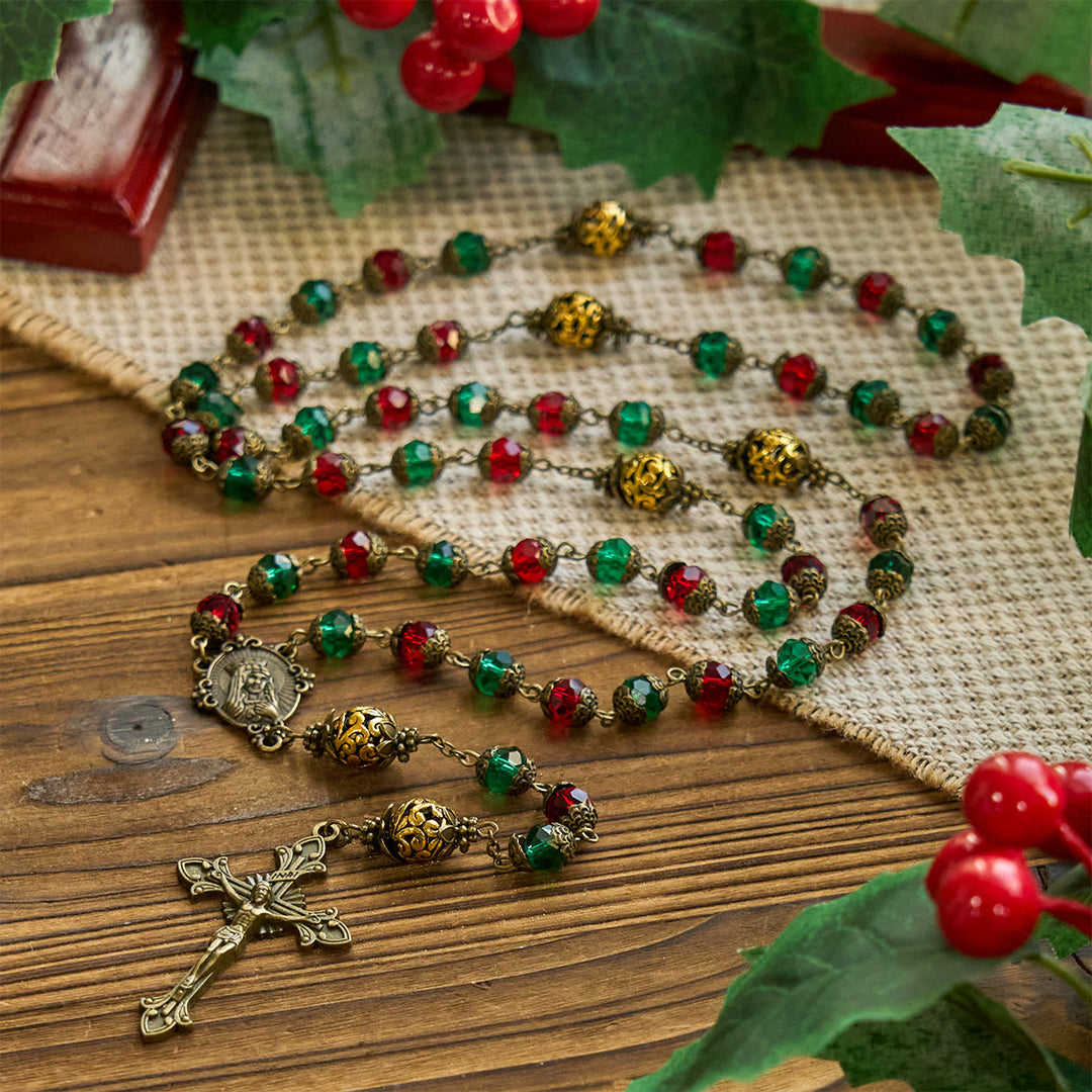 Christianartworkshop Chapelet festif rouge et vert « Joie de Noël » avec la Vierge Marie - image 2