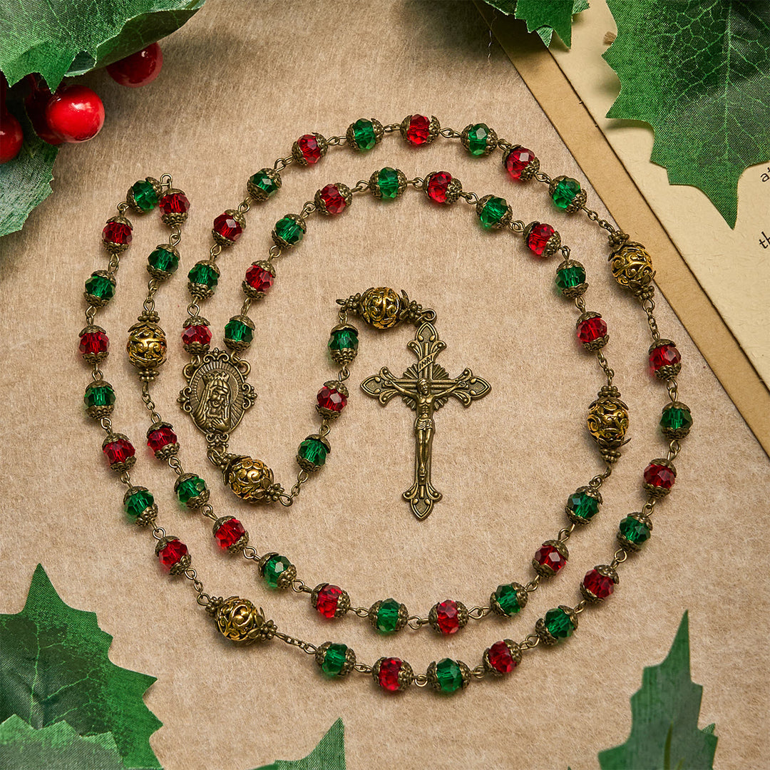 Christianartworkshop Chapelet festif rouge et vert « Joie de Noël » avec la Vierge Marie - Chapelet de Noël - image 0