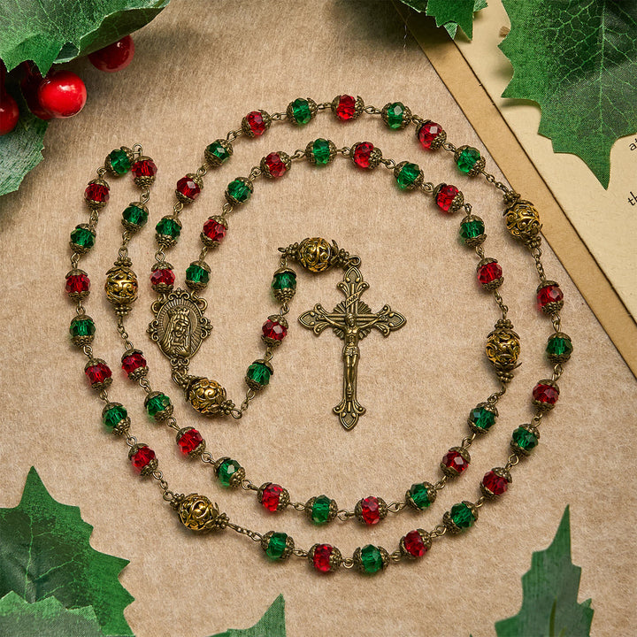 Christianartworkshop Chapelet festif rouge et vert « Joie de Noël » avec la Vierge Marie - Chapelet de Noël - image 0