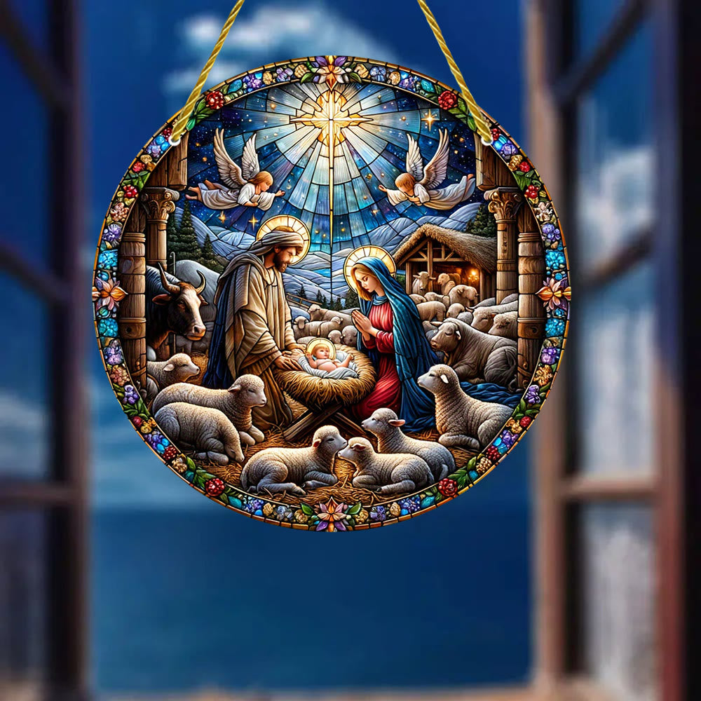 Christianartworkshop Crèche contemporaine colorée avec ornements suspendus en forme de moutons teintés - image 1