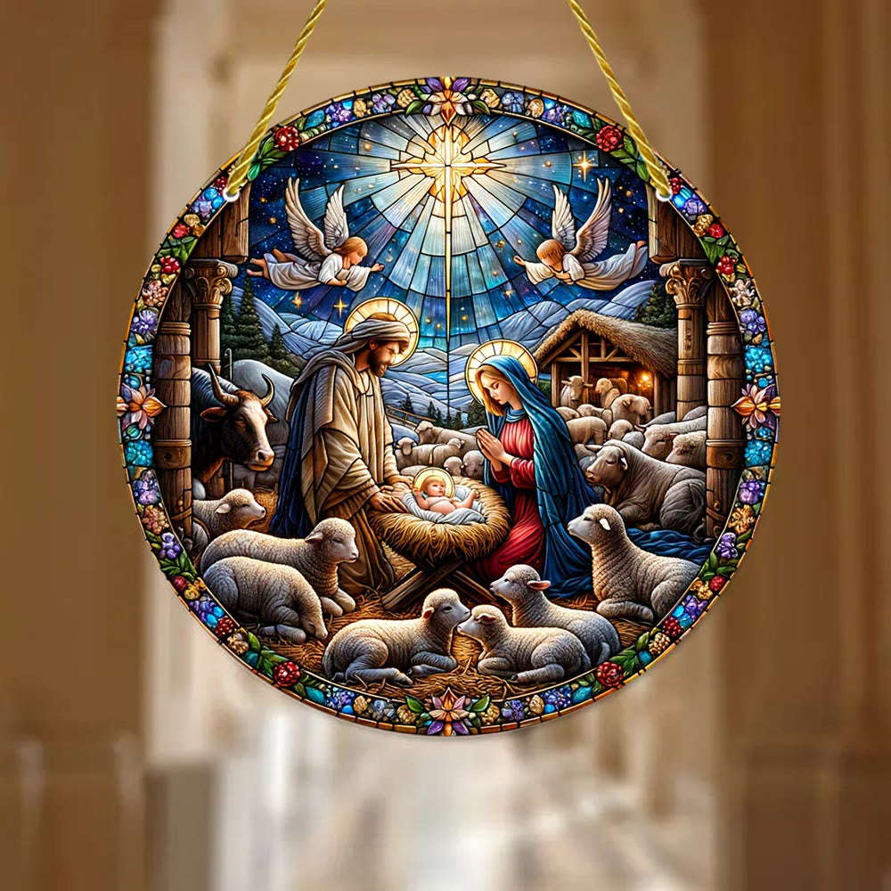 Christianartworkshop Crèche contemporaine colorée avec ornements suspendus en forme de moutons teintés - 7,87''/20 cm - image 0