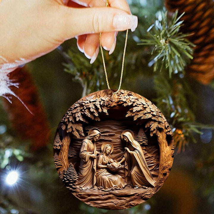 Christianartworkshop Ornements suspendus de la Nativité représentant la Sainte Famille, dans des tons de bois chaud - image 2