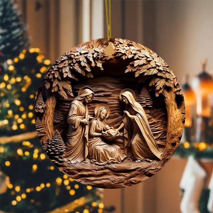 Christianartworkshop Ornements suspendus de la Nativité représentant la Sainte Famille, dans des tons de bois chaud - image 3